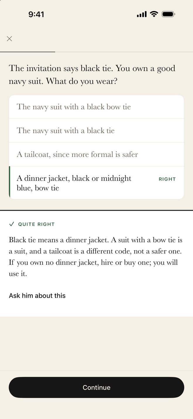 A lesson card: the invitation says black tie and you own a navy suit. A dinner jacket, and why